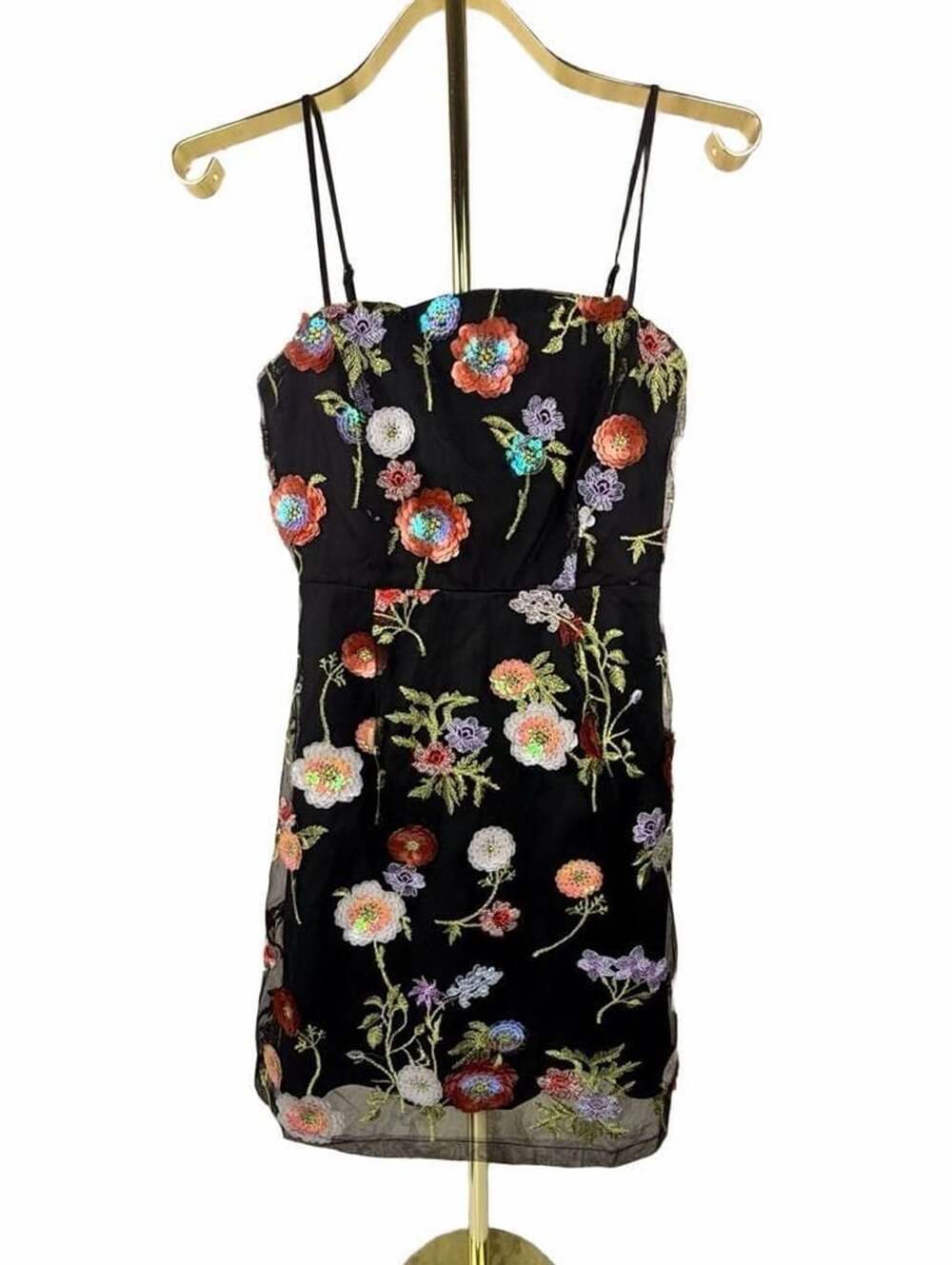 Lulus Blooming Aesthetic Black Floral Embroidered Sequin Mini Dress Size S